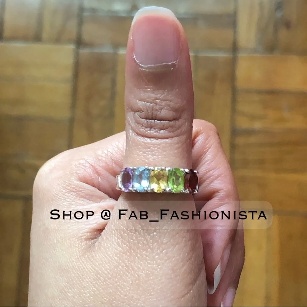 Multi-Stone Gemstone Rainbow Ring Sterling Silver size 5.75